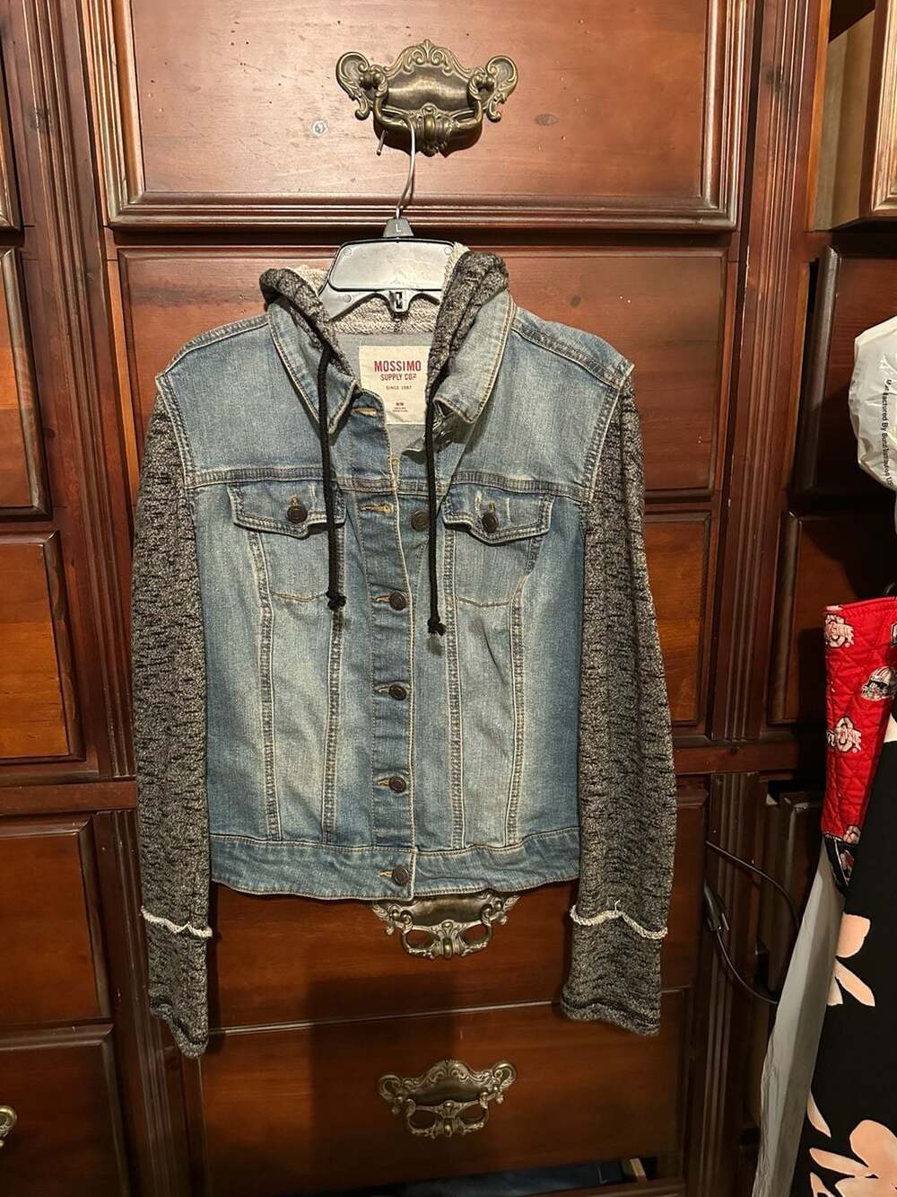 Mossimo Supply Co. Denim Jacket Size M Gray Knit Sleeves Hood